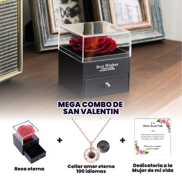 EternaLove® | Caja Rosa Eterna + Regalo Colgante + Tarjeta Dedicatoria